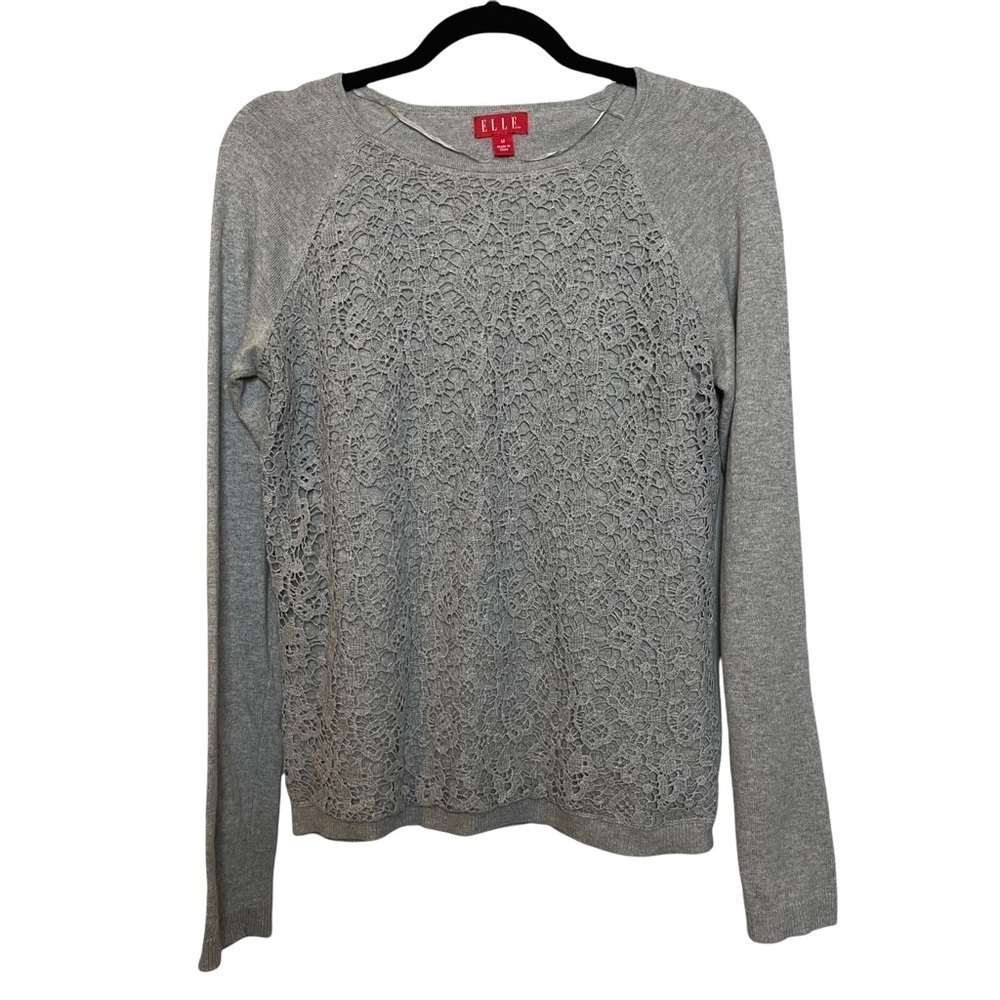 ELLE Lace / Crochet Front Long Sleeve Pullover Gray Sweater Sz. M